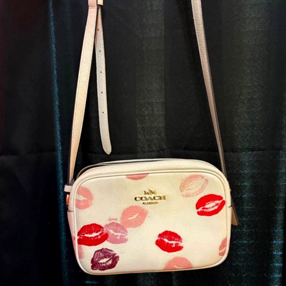 Coach Cream and Pink Lip Print Crossbody Bag